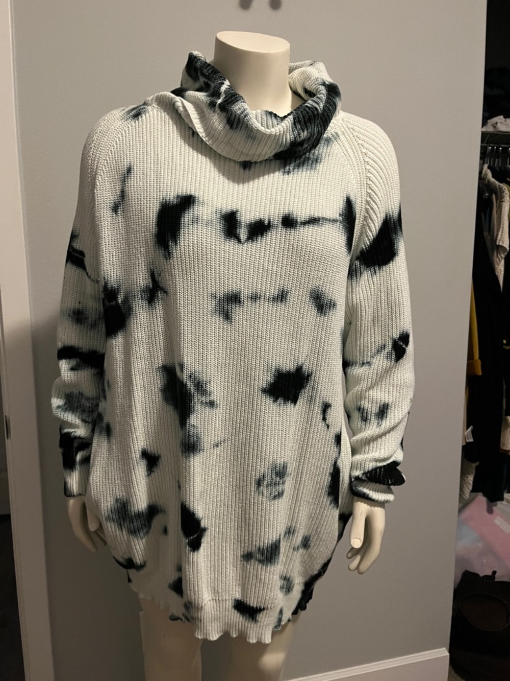 Tie-Dye Cowl Neck Sweater Tunic - Black & White with pockets